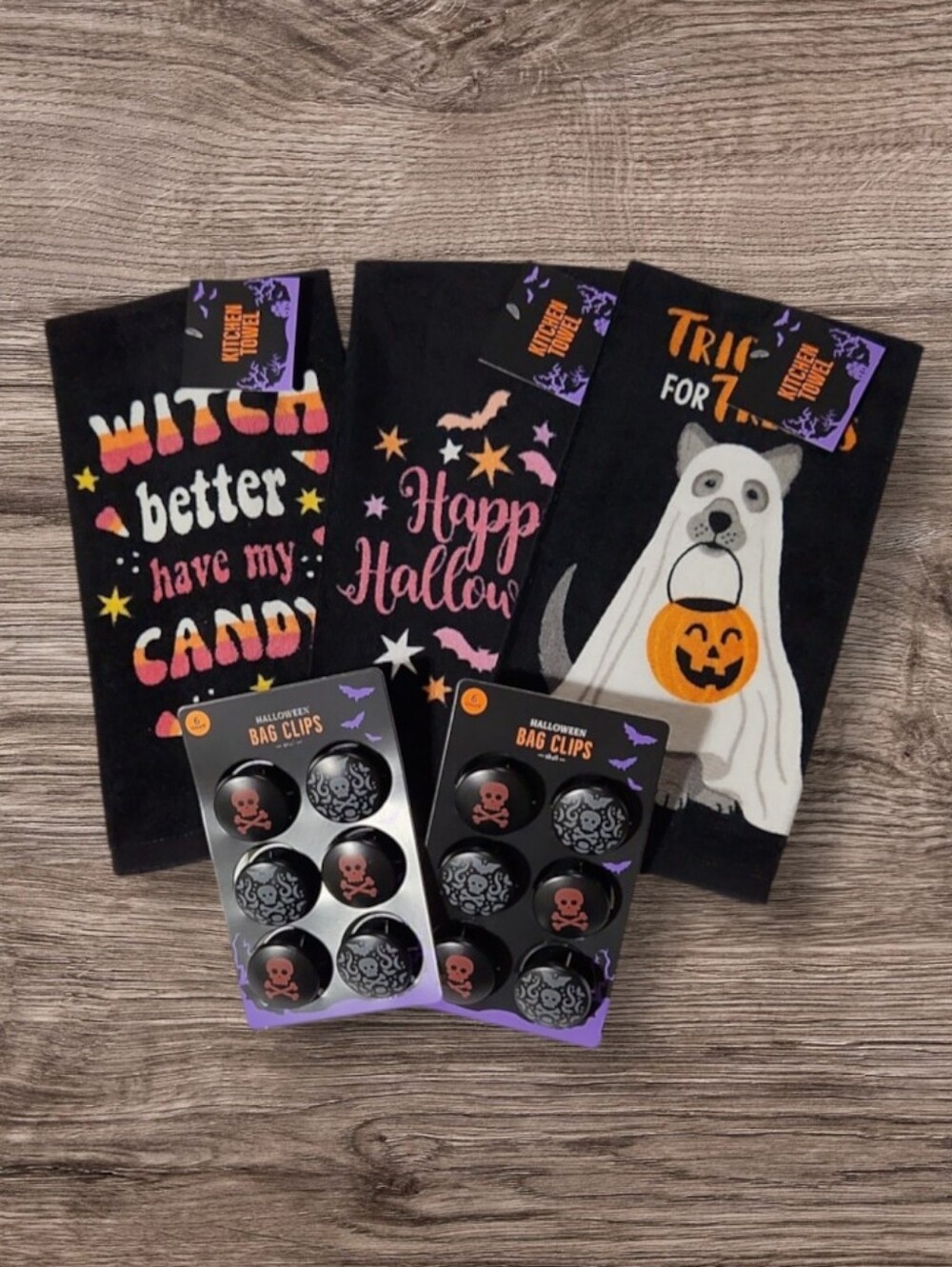 Halloween Themed Kitchen Towels & Skull & Crossbones Bag Clips
